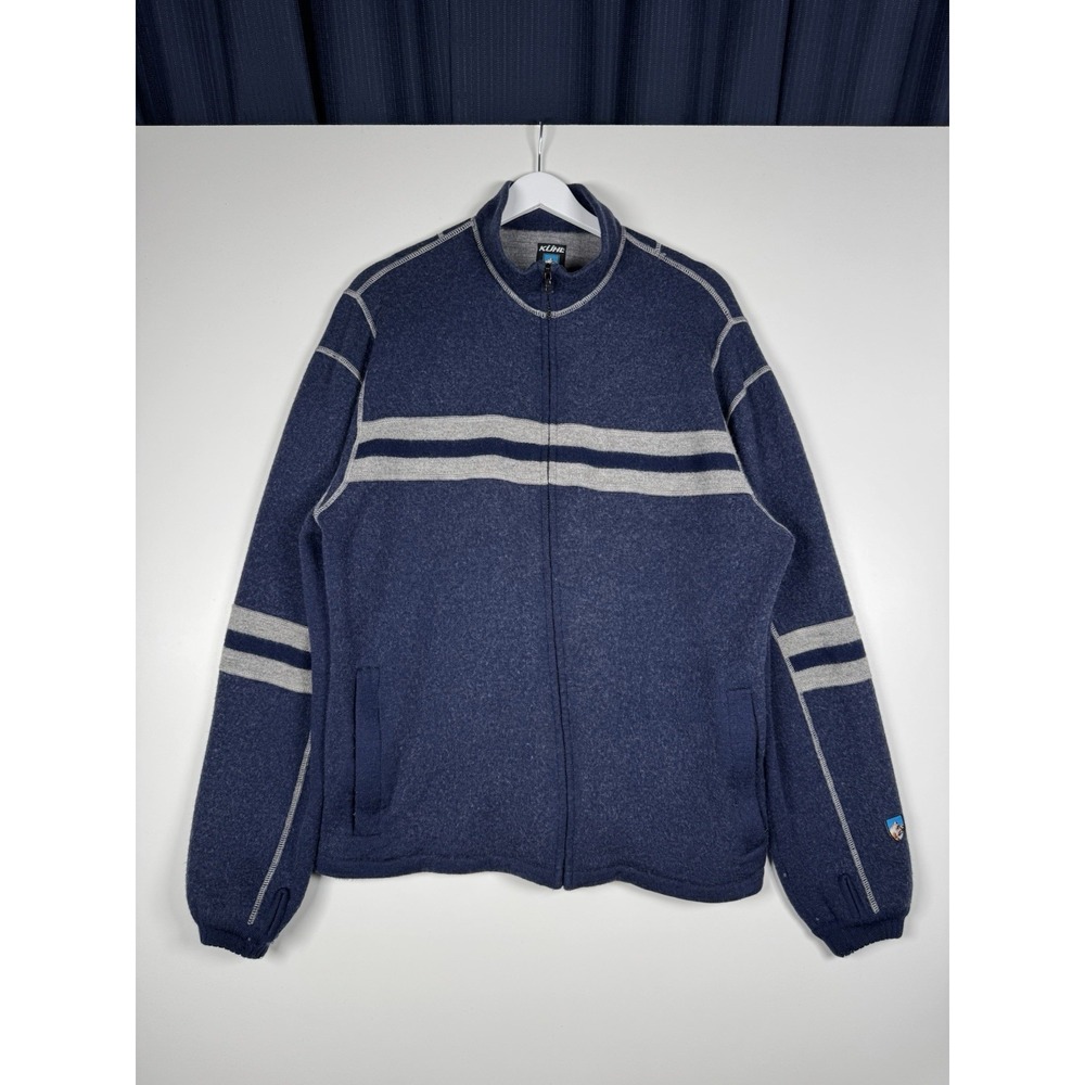 KUHL Mens 100% Merino Wool Knit Lined Navy Blue Striped Full Zip Sweater Mens L